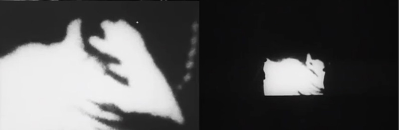 1905년 원본 영화의 프레임 일부가 확대되어 보이다가(좌) 갑자기 어둠 속에서 빛나는 스크린 전체가 보인다(우)